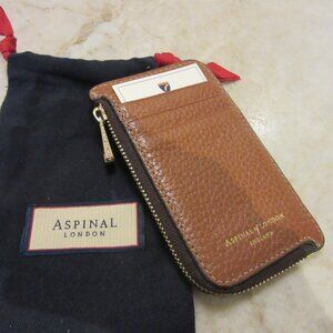 Aspinal of London Zipped Coin & Card Case Tan Pebbled Leather MSRP $165